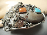 Authentic Bear Native American Navajo Turquoise Coral Sterling Silver Bracelet-Nativo Arts