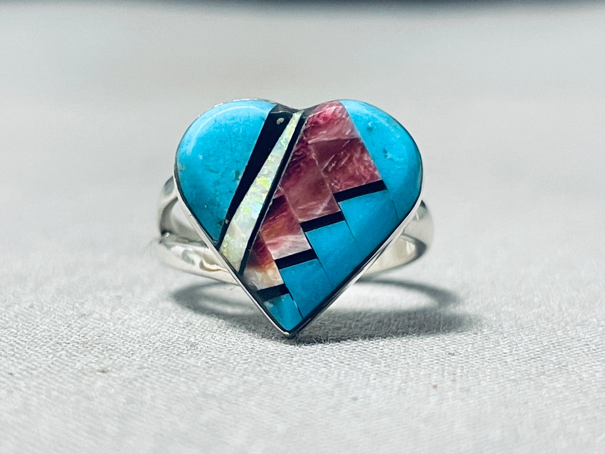 Native American Sterling Graduated Turquoise authentic Inlay Ring Size 8 For Women