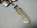 Exquisite Vintage Native American Navajo Turquoise Sterling Silver Feather Necklace Old-Nativo Arts