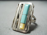 Huge Rare Vintage Native American Zuni Signed Turquoise Sterling Silver Shell Ring Old-Nativo Arts