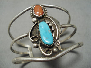 Striking Vintage Native American Navajo Turquoise Coral Sterling Silver Bracelet Old-Nativo Arts