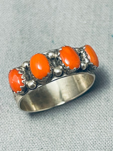 Cute Native American Navajo Domed Coral Sterling Silver Stamped Ring-Nativo Arts