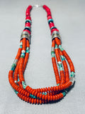 Native American Authentic Singer Coral Turquoise Sterling Silver Tubule Necklace-Nativo Arts