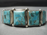 Stunning Vintage Native American Navajo Squared Turquoise Sterling Silver Bracelet Old-Nativo Arts