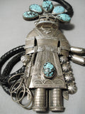 One Of Biggest Best Vintage Native American Navajo Turquoise Sterling Silver Kachina Bolo Tie-Nativo Arts