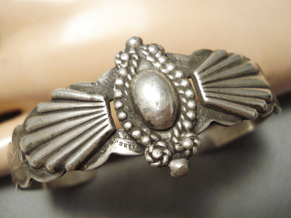 Hand Tooled Vintage Native American Navajo Repoussed Sterling Silver Flared Bracelet-Nativo Arts