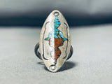 Detailed Vintage Native American Navajo Turquoise Coral Inlay Sterling Silver Ring Old-Nativo Arts