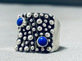 Native American Outstanding Vintage Santo Domingo Lapis Sterling Silver Ring Signed-Nativo Arts