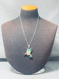 Rare Signed Native American Zuni Inlay Jet Turquoise Coral Hummingbird Sterling Silver Necklace-Nativo Arts