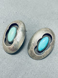Old Beautiful Vintage Native American Navajo Hand Tooled Sterling Silver Turquoise Earrings-Nativo Arts