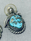Cute Leaf And Turquoise Vintage Native American Navajo Sterling Silver Earrings Old-Nativo Arts