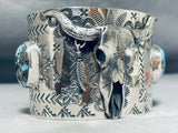 Native American Tremendous San Felipe Signed 2 Godber Turquoise Sterling Silver Skull Bracelet-Nativo Arts