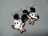 Fabulous Native American Zuni Inlay Coral Jet Sterling Silver Mickey Mouse Earrings-Nativo Arts