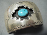 Wide Vintage Native American Navajo Hand Tooled Sterling Silver Turquoise Pillow Bracelet-Nativo Arts