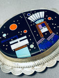 Thick Signed Native American Navajo Turquoise Lapis Sterling Silver Buckle-Nativo Arts