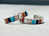 Amazing Vintage Native American Zuni Inlay Blue Gem Turquoise Coral Sterling Silver Earrings-Nativo Arts