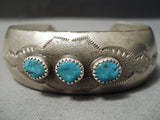 Incredible Vintage Native American Navajo 3 Turquoise Sterling Silver Bracelet Old Cuff-Nativo Arts