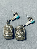 Extreme Detail Vintage Native American Navajo Turquoise Sterling Silver Drum Earrings-Nativo Arts