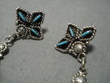Exquisite Vintage Native American Zuni Native Turquoise Needlepoint Sterling Silver Earrings-Nativo Arts