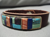 Unique!! Vintage Native American Navajo Turquoise Sterling Silver Inlay Leather Bracelet-Nativo Arts