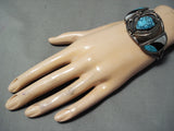 Rare Side Inlay Vintage Native American Navajo Seafoam Turquoise Sterling Silver Bracelet Old-Nativo Arts