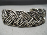 Intricate Hand Woven Vintage Native American Navajo Sterling Silver Rug Bracelet Old-Nativo Arts