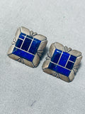 Signed Vintage Native American Navajo Lapis Inlay Sterling Silver Earrings-Nativo Arts