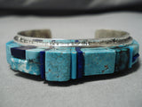 Opulent Native American Navajo Lone Mountain Turquoise High Rise Sterling Silver Inlay Bracelet-Nativo Arts