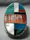 Huge Men's Native American Navajo Turquoise Coral Jet Inlay Sterling Silver Ring-Nativo Arts