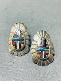 Elevated Inlay Vintage Native American Zuni Opal Sterling Silver Earrings-Nativo Arts
