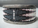 Thick Heavy Detailed Vintage Native American Navajo Hand Beaded Sterling Silver Bracelet-Nativo Arts