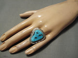 Striking Vintage Native American Navajo Deep Blue Turquoise Sterling Silver Ring Old-Nativo Arts