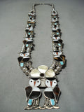 Rare Larger Vintage Native American Zuni Turquoise Owl Sterling Silver Squash Blossom Necklace-Nativo Arts