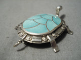 Unique Vintage Native American Zuni Turquoise Inlay Sterling Silver Turtle Pin Pendant-Nativo Arts