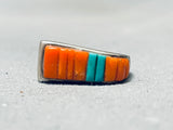 Spectacular Vintage Native American Navajo Coral Turquoise Inlay Sterling Silver Ring-Nativo Arts