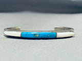 Thick Vintage Native American Navajo Turquoise Inlay Sterling Silver Inlay Bracelet-Nativo Arts