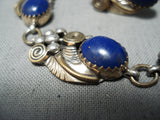 Signed Vintage Native American Navajo Lapis Sterling Silver Leaf Bracelet Earrings Set-Nativo Arts