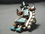 Huge Dancing Kachina Vintage Zuni Native American Turquoise Sterling Silver Ring-Nativo Arts