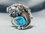 Huge Native American Navajo Turquoise Coral Bear Sterling Silver Ring-Nativo Arts
