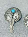 Detailed Vintage Native American Navajo Turquoise Sterling Silver Feather Earrings-Nativo Arts