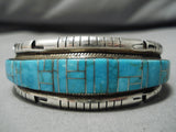 Superlative Vintage Native American Navajo Turquoise Inlay Heavy Sterling Silver Bracelet-Nativo Arts