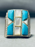 Captivating Vintage Native American Navajo Inlay Turquoise Mother Of Pearl Sterling Silver Ring-Nativo Arts