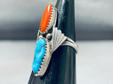 Lovely Vintage Native American Navajo Morenci Turquoise Coral Sterling Silver Ring-Nativo Arts