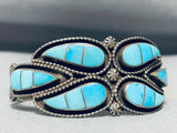 Native American One Of The Most Detailed Vintage Zuni Turquoise Inlay Sterling Silver Bracelet-Nativo Arts