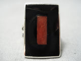 Important Native American Zuni Harlan Coonsis Coral Inlay Sterling Silver Ring-Nativo Arts