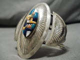 Native American Towering Vintage Navajo Turquoise Inlay Sterling Silver Concho Bracelet Old-Nativo Arts