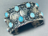 Spectacular San Felipe Signed Blue Gem Turquoise Sterling Silver Dimes Cuff-Nativo Arts
