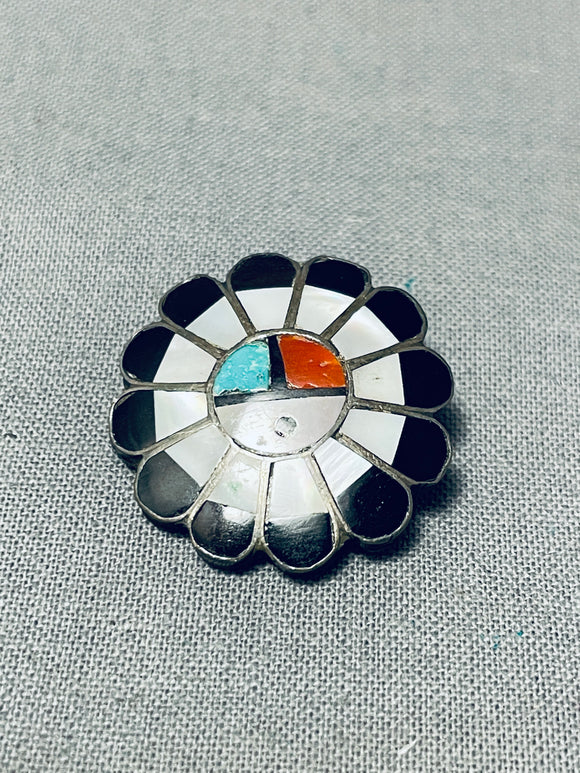 Cute Authentic Older Vintage Native American Zuni Turquoise Coral Sterling Silver Pin Old-Nativo Arts