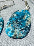 Native American Beautiful Santo Domingo Turquoise Slab Sterling Silver Earrings-Nativo Arts