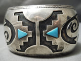 Huge Heavy Vintage Native American Navajo Hopi Turquoise Sterling Silver Rug Bracelet Old-Nativo Arts